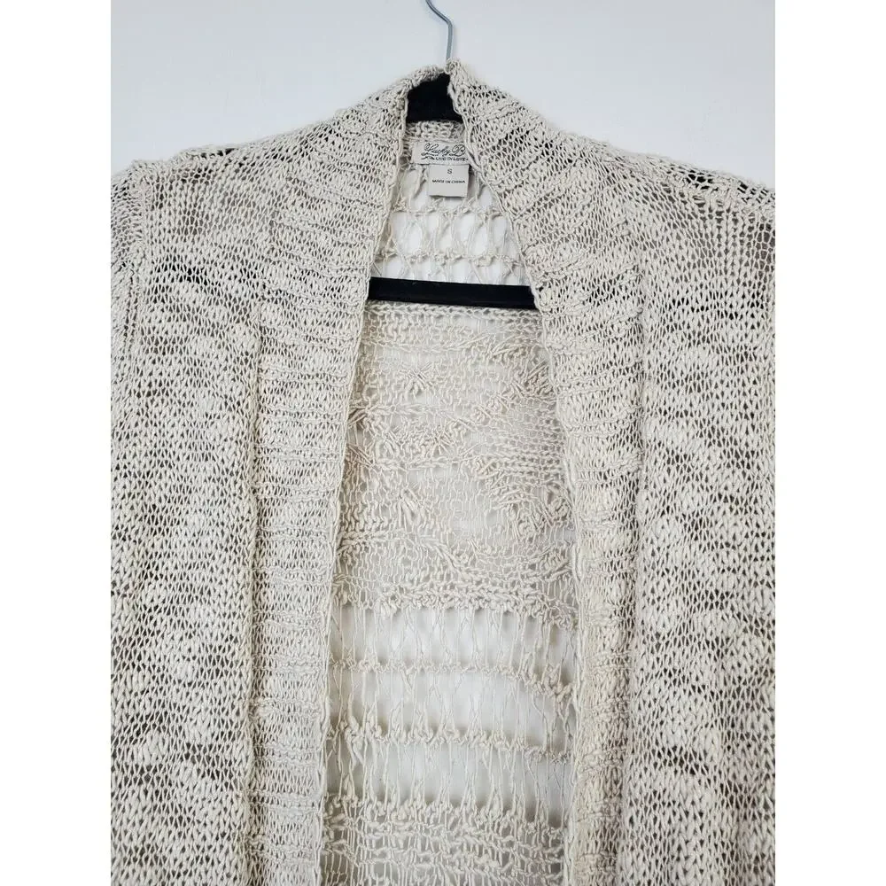 LUCKY BRAND Womens Small Open Front Cardigan Sweater Ivory Crochet Bohemian Boho - Picture 4 of 9